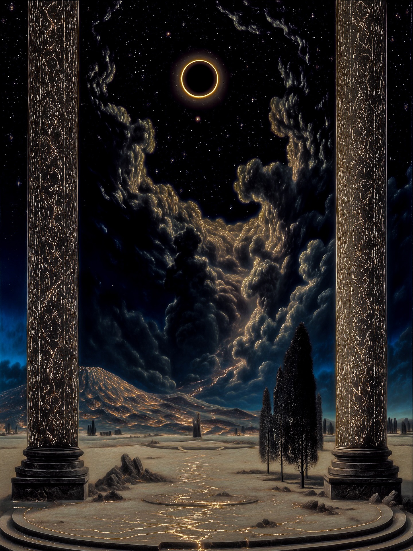 Surreal landscape featuring columns framing a night sky with clouds and a solar eclipse, showcasing dark landscape and celestial elements.